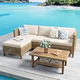 PHI VILLA Wicker Patio Furniture Set, Outdoor L-Shaped Sectional Sofa with Cushions and Acacia Wood Coffee Table, Boho Style for Garden, Deck, or Poolside Lounge,Beige