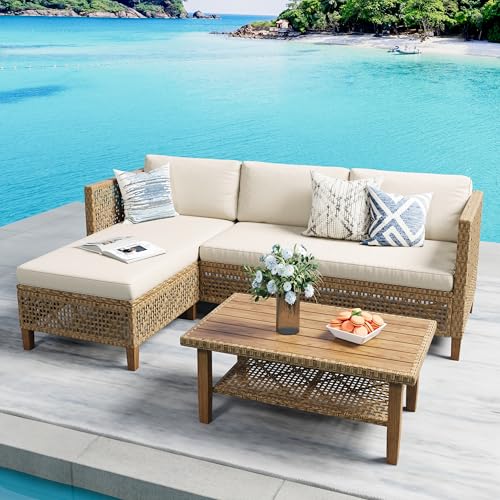 PHI VILLA Wicker Patio Furniture Set, Outdoor L-Shaped Sectional Sofa with Cushions and Acacia Wood Coffee Table, Boho Style for Garden, Deck, or Poolside Lounge,Beige
