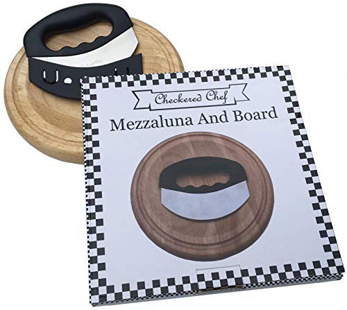 Checkered Chef Mezzaluna Knife And Round Cutting Board - Rocker Knife, Mincing Knife, And Mezzaluna Chopper W/ Cover And Herb Board-Salad Chopper & Wood Butting Board #TOP5