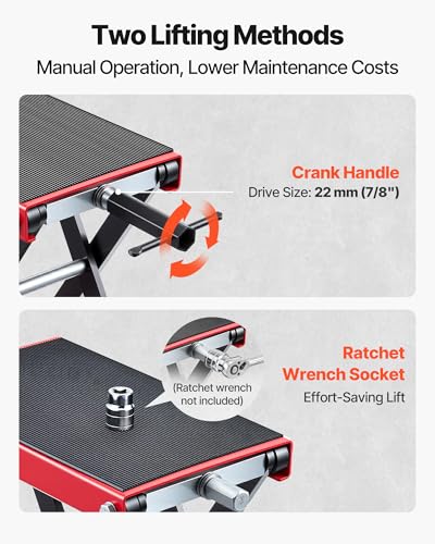 Image of VEVOR Motorcycle Lift, 1100 lbs Motorcycle Scissor Lift Jack with Wide Deck & Lock Pin, 3.74 inch-13.38 inch Center Hoist Crank Stand, Steel Scissor Jack for Street Bikes, Cruiser Bikes, Touring, Red /Black