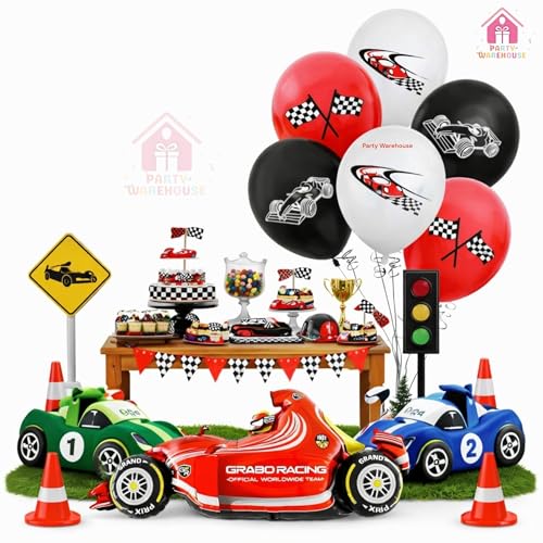 Image of Party Warehouse Racing Car Balloon Set for Birthday - 7 Pieces | Race Theme Foil Balloons for Race Lovers | Tyre & Checkered Flag Balloons for Kids /Adults Party Decorations | Red Car