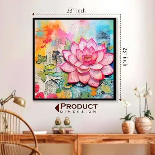 Image of PAINTINGMANTRA Multicolor Abstract Stretched Canvas Framed Painting Wall Art for Living Room Bedroom Office Cafe Pink Blue Green Lotus Abstract Framed Canvas Wall Decor Painting with Frame (58x58 cm)