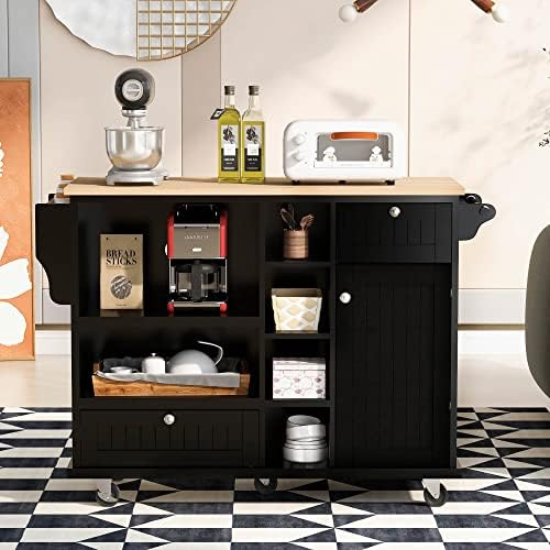 Merax Rolling Mobile Kitchen Island Cart with Cabinet/Locking Wheels/Solid Wood Desktop/Floor Standing Buffet Server Sideboard, Black
