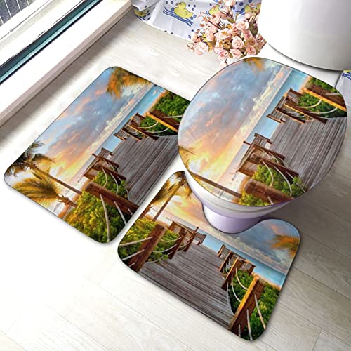 DIRYKILP Badematte + Konturmatte + Toilettendeckelbezug, Palmen Strand 3 Stück Badematte Set, mit rutschfester Klebeunterseite