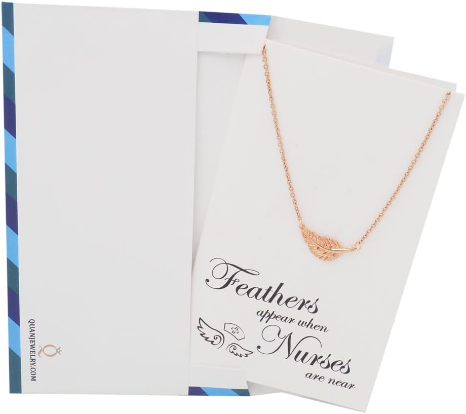 quan jewelry Nurse Boho Feather Pendant Necklace with Greeting Card, Token of Appreciation Handmade Fashion Jewelry Graduation Gifts for Nurses, Adjustable Chain 16" to 18" (Rose Gold-Tone)