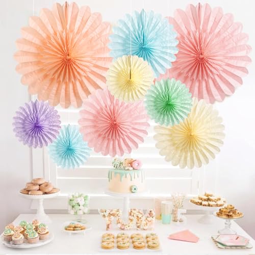 Image of Paper Jazz 9pcs Spring Pastel Paper Fans Party Decoration,Paper Flowers Wall Decoration, Rainbow Birthday Party Decorations Tissue Pom Poms for Birthday Wedding Baby Shower Classroom.