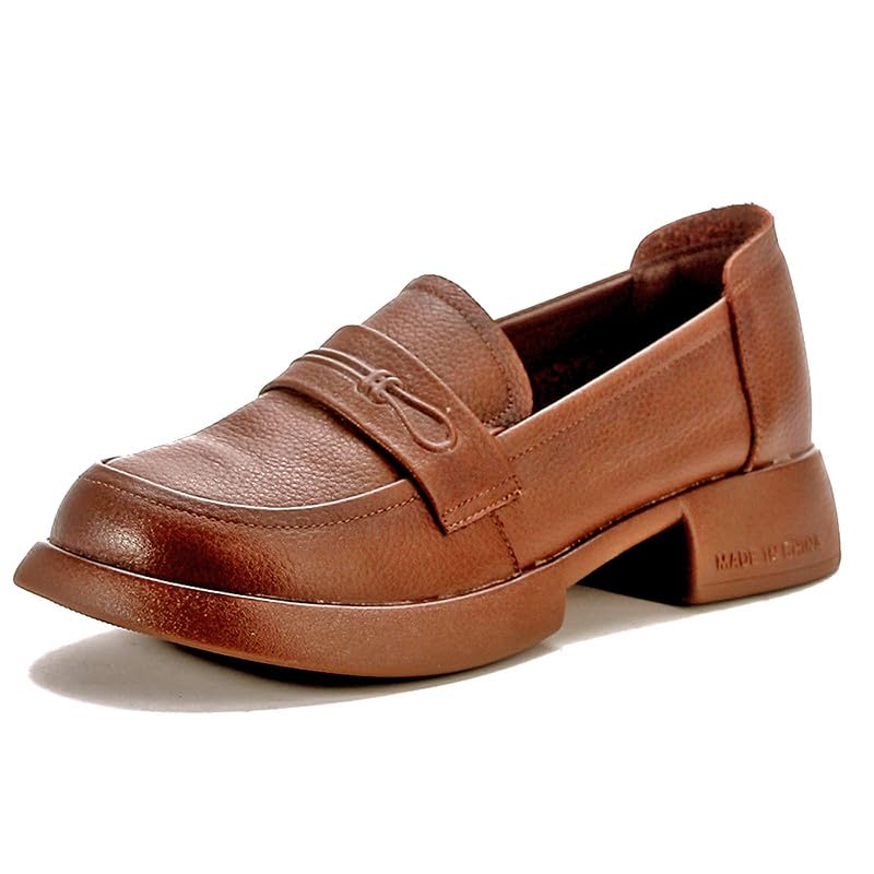 Image of Women's Penny Loafers Low Chunky Heel Brown Leather Dress Shoes for Work US Size 7.5-8
