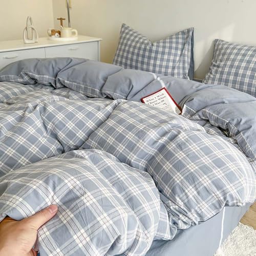 Image of Nayoroom Plaid Duvet Cover Queen Size Blue Checkered Gingham Duvet Cover 3 Pcs Reversible Vintage Grid Farmhouse Dorm Bedding Set Gifts for Women Men Soft Breathable Washed Microfiber