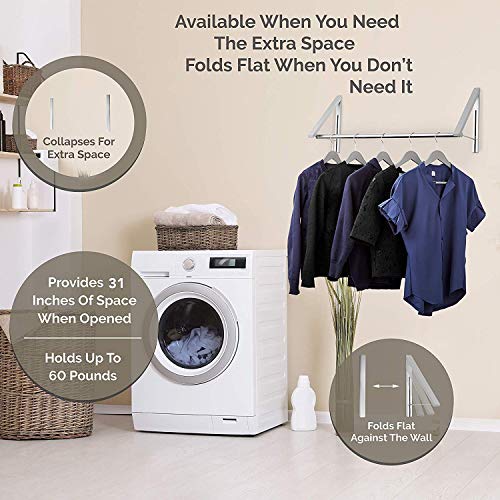 Double Foldable Clothing Rack W/ Extension Rod, Wall-Mounted Retractable Clothes Hanger For Laundry Dryer Room, Hanging Drying Rod, Small Collapsible Folding Garment Racks, Dorm Accessories (Chrome) #TOP2