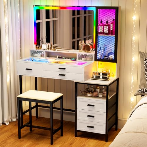 Lvifur RGB Vanity Desk - with Mirror and Lights,7 Dynamic & 24 Static Dimmable Vanity Table Set with Charging Station,Human Sensor LED Vanities w/Glass Top,6 Drawers,Stool,Grey
