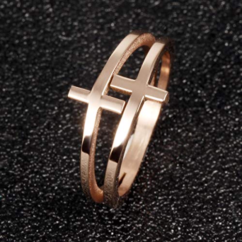 Womens Elegant 18K Rose Gold Stainless Steel Double Cross Ring Christian Fashion Wedding Engagement Band4