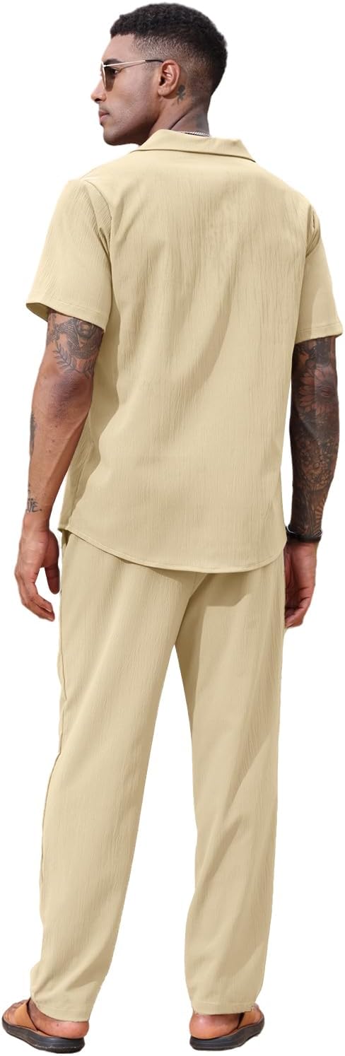 Lexiart 2 Piece Set for Men Beach Outfits Cuban Collar Button Down Shirt Darwstring Pants - Image 5