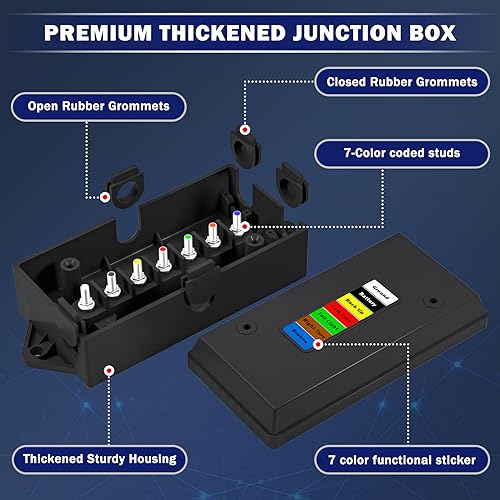 Image of CheeMuii 7 Way Trailer Junction Box Weatherproof 7 Pin Trailer Wiring Box 7 Color-Coded Electric Wires Connection Box for RV Camper Trailer Light Rewiring