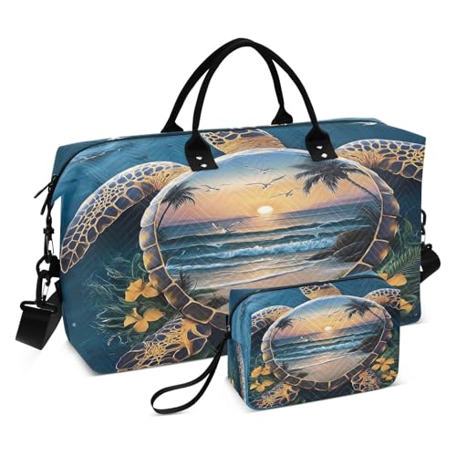 Weekender Bags Travel Duffel Gym Bag Sea Turtle Beach Carry on Overnight Tote Bag with Toiletry Bag for Airplane Travel Trip Gym Yoga