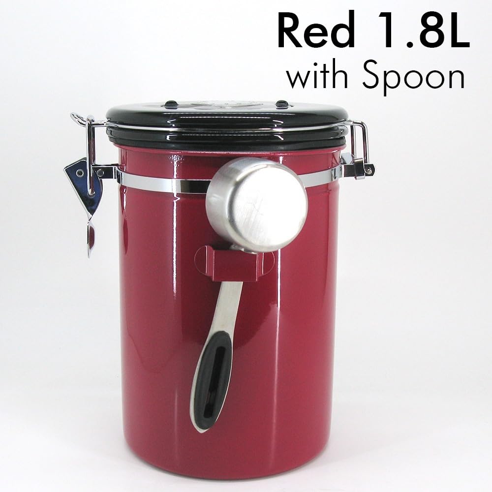 Kaffeedose luftdichter Edelstahl-Küchen-Frischhaltebehälter mit Datumsverfolgungslöffel für Okara-Tee 1,5 l 1,8 l (Farbe: Rot 1,8 l Löffel)