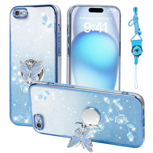 RTYQXK for Apple iPhone 6 (4.7 Inch) Phone Case,for iPhone 6S Mobile Phone Case for Women and Girl, Glitter Butterfly Floral TPU Protective Cover with Kickstand+Strap for iPhone 6 (Blue)