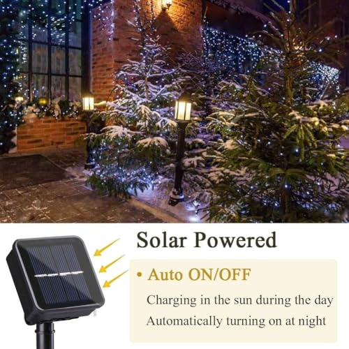 Geemoo 2 Pezzi Luci Esterno Solare 15M 150 LED, Catena Luminosa di Filo di Rame, Luci Stringa Energia Solare, 8 Modalità, Luci Natale Decorative per Giardino Natalizie Albero (Bianco)