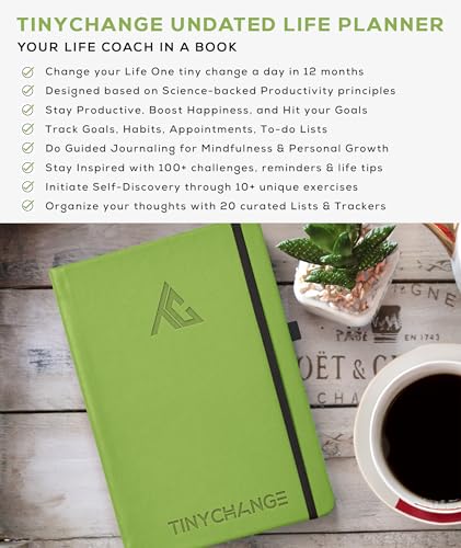 Image of TinyChange Undated Classic Life Planner | A5 Size Diary+ 2 Pocket & Meal Planners | Achieve Goals | Gratitude Journal; Habit Tacker| 100+ Activities & Reminders | 400 Stickers| Green Cover