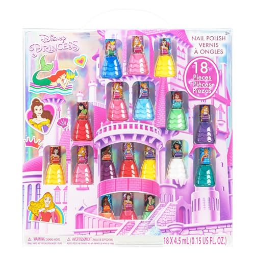 Disney Princess coffret de 18 vernis à ongles pour enfants, à base d'eau, décollables et à séchage rapide et, idéal pour les fêtes et les soirées...