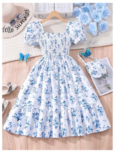 Floerns Girl's Floral A Line Midi Ruffle Dresses Square Neck Puff Sleeve Dress with a Bag2