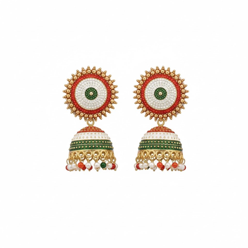 Tricolor Jhumka Earrings, Red, Green and White, Gold-Toned with Pearl Beads, Ethnic Indian Style, Best for Republic Day & Independence DayCelebrations-image-49