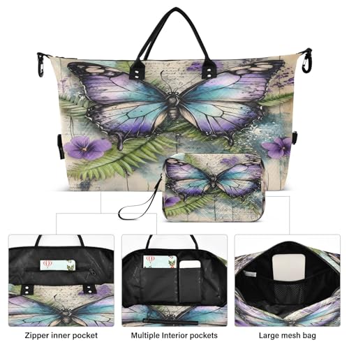 Weekender Bags Travel Duffel Gym Bag Retro Butterfly Carry on Overnight Tote Bag with Toiletry Bag for Airplane Travel Trip Gym Yoga2