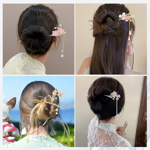 Image of SANNIDHI 4Pcs Hair Stick for Bun Elegant Flower Hair Bun Stick with Tassels, Chinese Style Floral Pins for Women, Alloy Metal Vintage Pearl Accessories