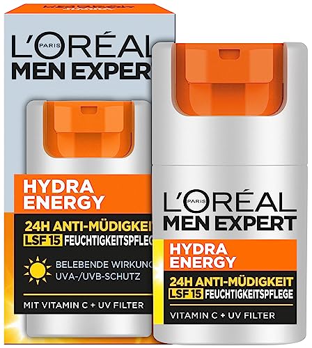 L'Oréal Men Expert Gesichtspflege mit LSF 15 für Männer, Belebende Feuchtigkeitscreme 24H Anti-Müdigkeit mit Sonnenschutz, Gesichtscreme für Herren mit Vitamin C und Proteinen, Hydra Energy, 1 x 50 ml