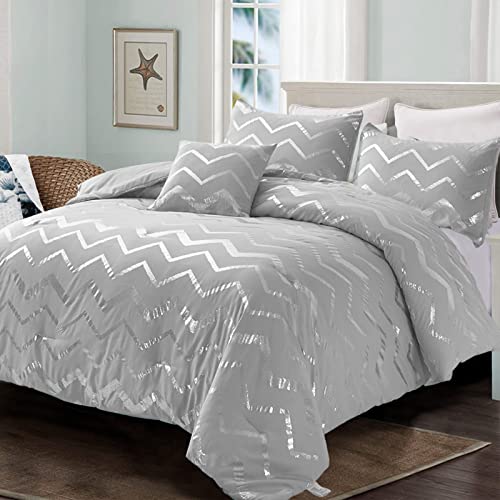 Menghomeus Grey and Silver Comforter Set Queen/Full Metallic Print Geometric Bed Comforter 4 Pieces Soft Microfiber Bedding for Teen Kids Boys (2 Pillow Shams + 1 Decorative Pillow Sham)