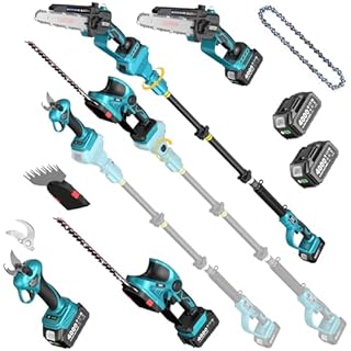 SEESII Cordless Pole Chainsaw, Hedge Trimmer, Pruning Shears, 4000mAh Battery Powered Extendable Garden Tool Kit for Outdoor Use, Electric Long Reach Saw, Hedge and Grass Trimmer, Pruner for Yard Care