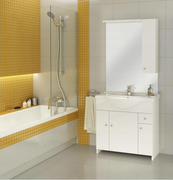 .Deftrans Domodomo Badschrank mit Waschbecken und Spiegel weiß 105 cm, Waschbeckenschrank 80 x 70 x 48 cm, Keramik-Waschbecken-Set, Badmöbel-Set