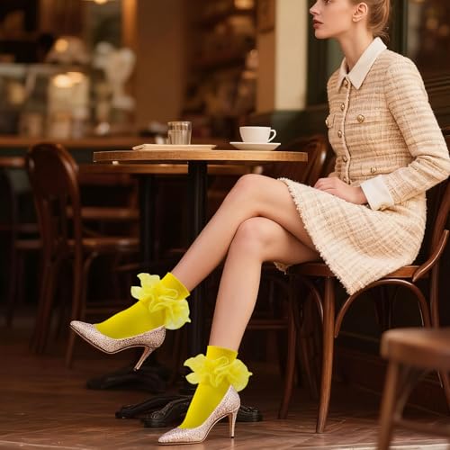 Image of Women Big Ruffle Ankle Socks Adult Double Lace Frilly Turn Cuff Dress Socks Cotton Cute Fancy Bobby Crew Socks