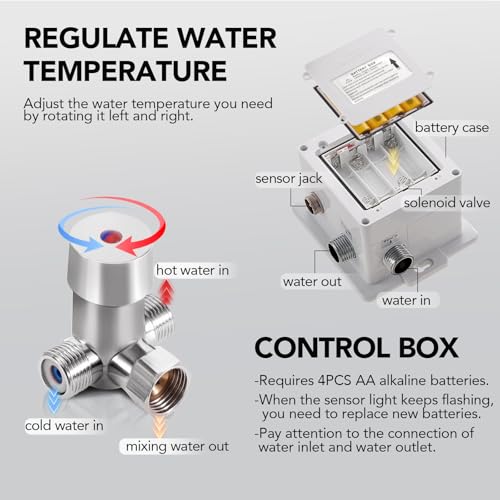 Automatic Touchless Bathroom Sink Faucet Commercial Sensor Motion Activated Hands Free Basin Auto Tap with Deck Cover Plate Battery Operated Temperature Valve Water Saving Modern Stylish(Chrome)