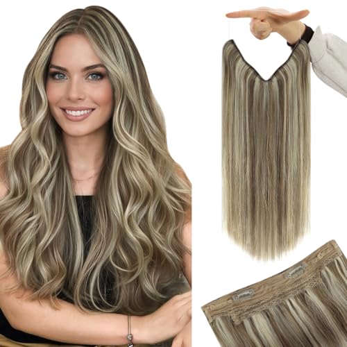 Image of YoungSee Wire Hair Extensions Highlight Invisible Wire Hair Extensions Real Human Hair Highlights Light Brown with Platinum Blonde Fish Line Hair Extension for Short Hair 75G 12Inch