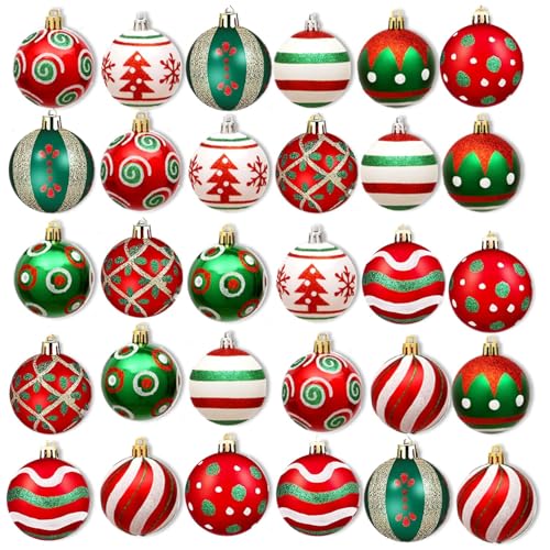 Weihnachtskugeln Weihnachtsbaumschmuck Deko Set,30 Stück Rot Kunststoff Weihnachtsbaumkugeln Box mit Aufhänger Weihnachtsbaum Bälle Dekorationen für Weihnachten (Rot Grün)