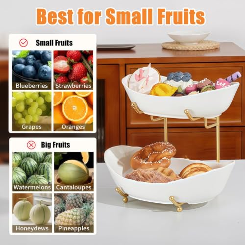 Image of 2 Tier Fruit Bowl, Ceramic Fruit Basket for Kitchen Counter (White)