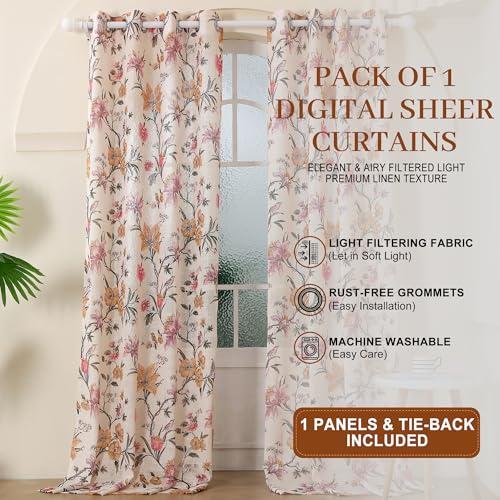 Image of Story@Home Sheer Curtains 8 Feet Long Set of 2 | Floral Printed | Semi Transparent Net Curtain | Semi Long Door Curtain for Living Room | (118 X 242 Cm, Cream & Pink) | Perfect for Home Decor
