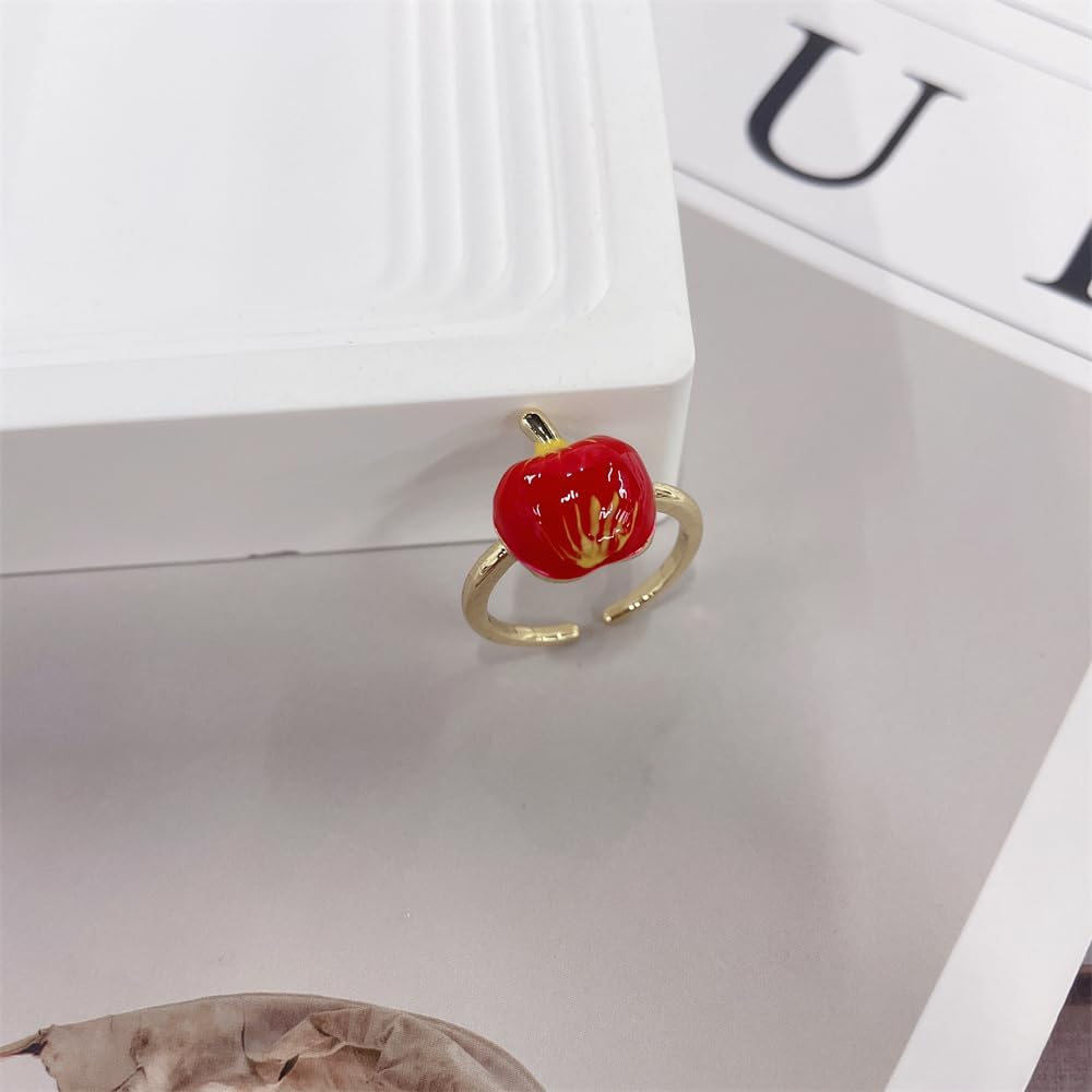 Cute Red Apple Enamel Adjustable Open Ring for Women Gold Plated Dainty Sweet Fruit Statement Stackable Finger Band Rings Comfotr Fit Fashion Jewelry - Image 3