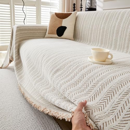 Chenille Herringbone Double-Sided Couch Cover Blanket, Washable Chenille Blanket Herringbone Tassel Sofa Cover, All Seasons Couch Covers, Soft & Breathable (Coffee,180 * 340cm/70.8 * 133.8in)