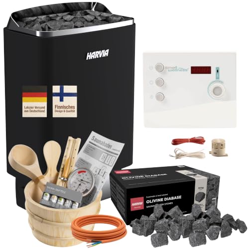 Fresh-Pool Harvia TopSteel M90E Black - 9 kW Saunaofen Set 18-teilig, K2 Steuerung T4W Edition, Aufgussset, Steine & Kabel - Komplett-Set