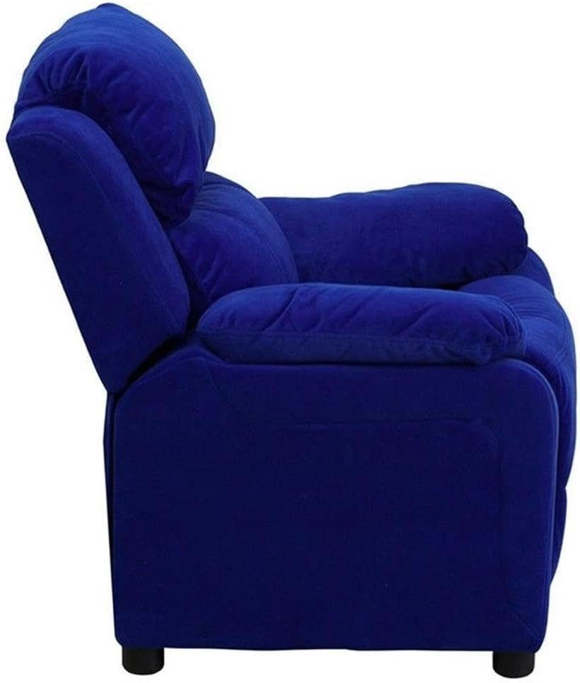 BOWERY HILL Kids Recliner Chair, 28" H x 25" W x 26"-39" D, Hardwood Frame, Blue Microfiber Upholstery, Plush Padded Back, Flip-Up Storage Arms, Safety Reclining Feature, Bedroom or Playroom Seating