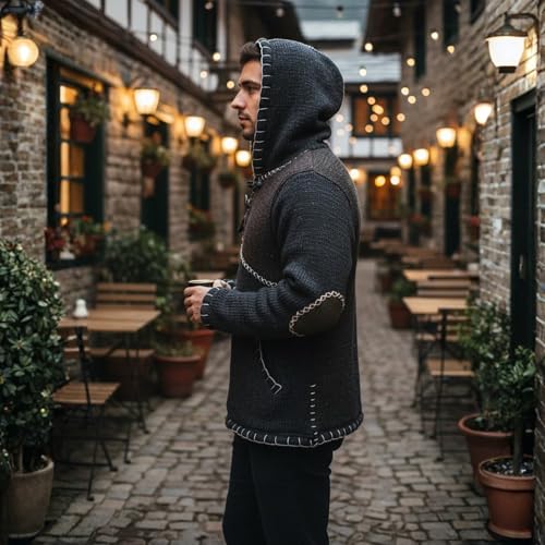 Image of Shopoholic Fashion Men Cross Zipped Patchwork Fleece Lined Long Sleeve Boho Hippie Hoodie Woollen Jacket