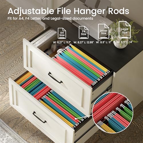 CubiCubi Farmhouse File Cabinet, 30\" Lateral Filing Cabinet with 2 Drawers and Hanging Rods, Storage Wood Cabinet for Home Office, Living Room, Bedroom, Antique White