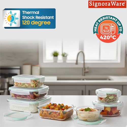 Image of Signoraware Lock N Store Borosilicate Glass Container | Airtight & Leakproof | Microwave Safe | Ideal for Kitchen, Office & Gifting (320ml+520ml+400ml+620ml+370ml+640ml+1.04Ltr | Setof7 | Clear)
