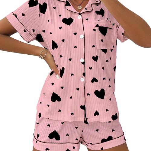 Conjunto de pijama de manga corta con botones para mujer, pijama suave de manga corta con botones, a, XL