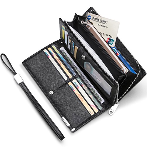 Huztencor Long Wallets For Men Leather Rfid Blocking Wallet Bifold Slim Credit Card Holder Zip Around Wallet Purse With Zipper Strap Black #TOP1