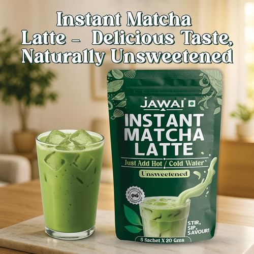 Image of JAWAI MATCHA LATTE INSTANT PREMIX | 100 Grams | Japanese Matcha Green Tea Powder | UNSWEETENED, No Added Sugar | Antioxidant Rich, Keto & Vegan Friendly | Just Add Hot or Cold Water | 5 Sachets x 20G