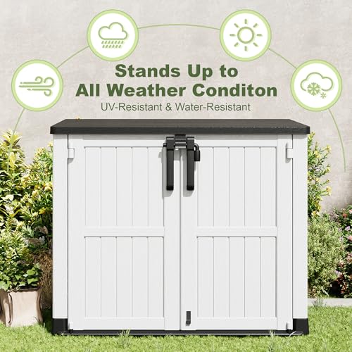 Image of Plastic Outdoor Storage Shed, 36 Cu Ft Waterproof Outdoor Storage Cabinet with Dual Lock Door for Backyard, Patio, Garage, Garden to Store Tools & Accessories, Wood-Grain（Ashen