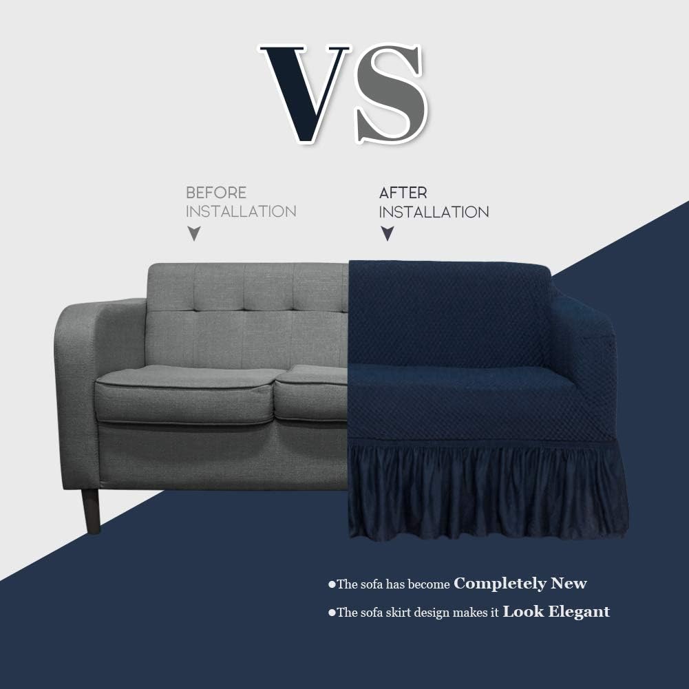 NICEEC Sofa Slipcover Blue Sofa Cover Two-Tone 1 Piece Easy Fitted Sofa Couch Cover Universal High Stretch Durable Furniture Protector with Skirt Country Style (3 Seater Navy Blue)