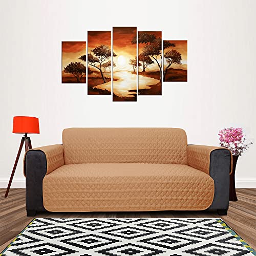 Image of DREAM KING 3 Layers Reversible Sofa Cover Polyester 4 Seater Quilted Sofa Cover with Side Pockets Beige & Maroon